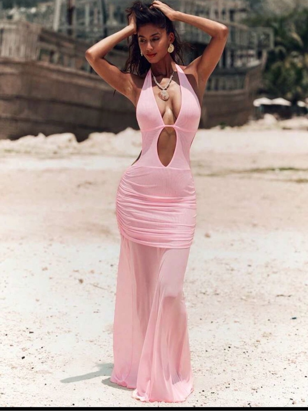 Halter Neck Pink Cutout Maxi Dress